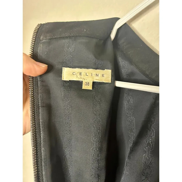 Authentic Celine Women 6 Black Wool A-Line Dress Mini Lamb Leather Designer Luxe - Picture 3 of 11